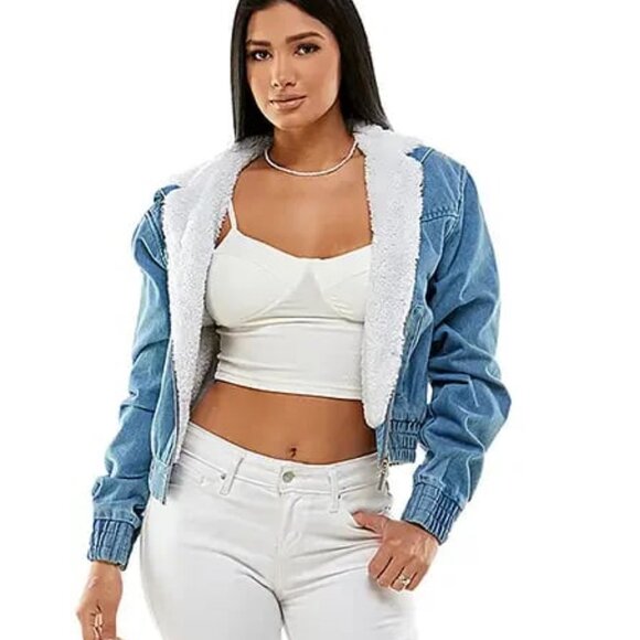 NWT CI SONO CAVALINI Sherpa Hooded Crop Jean Jacket Zip-up Medium Wash Denim  S - Picture 2 of 8